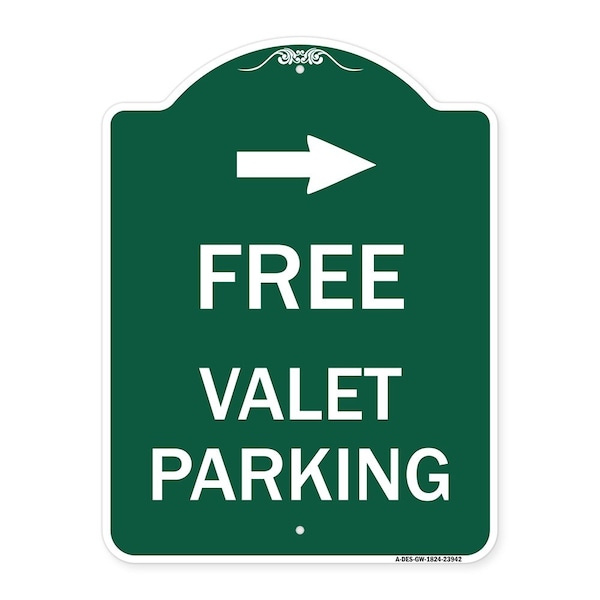 Signmission Free Valet Parking W/ Right Arrow, Green & White Aluminum Sign, 18" x 24", GW-1824-23942 A-DES-GW-1824-23942 - main